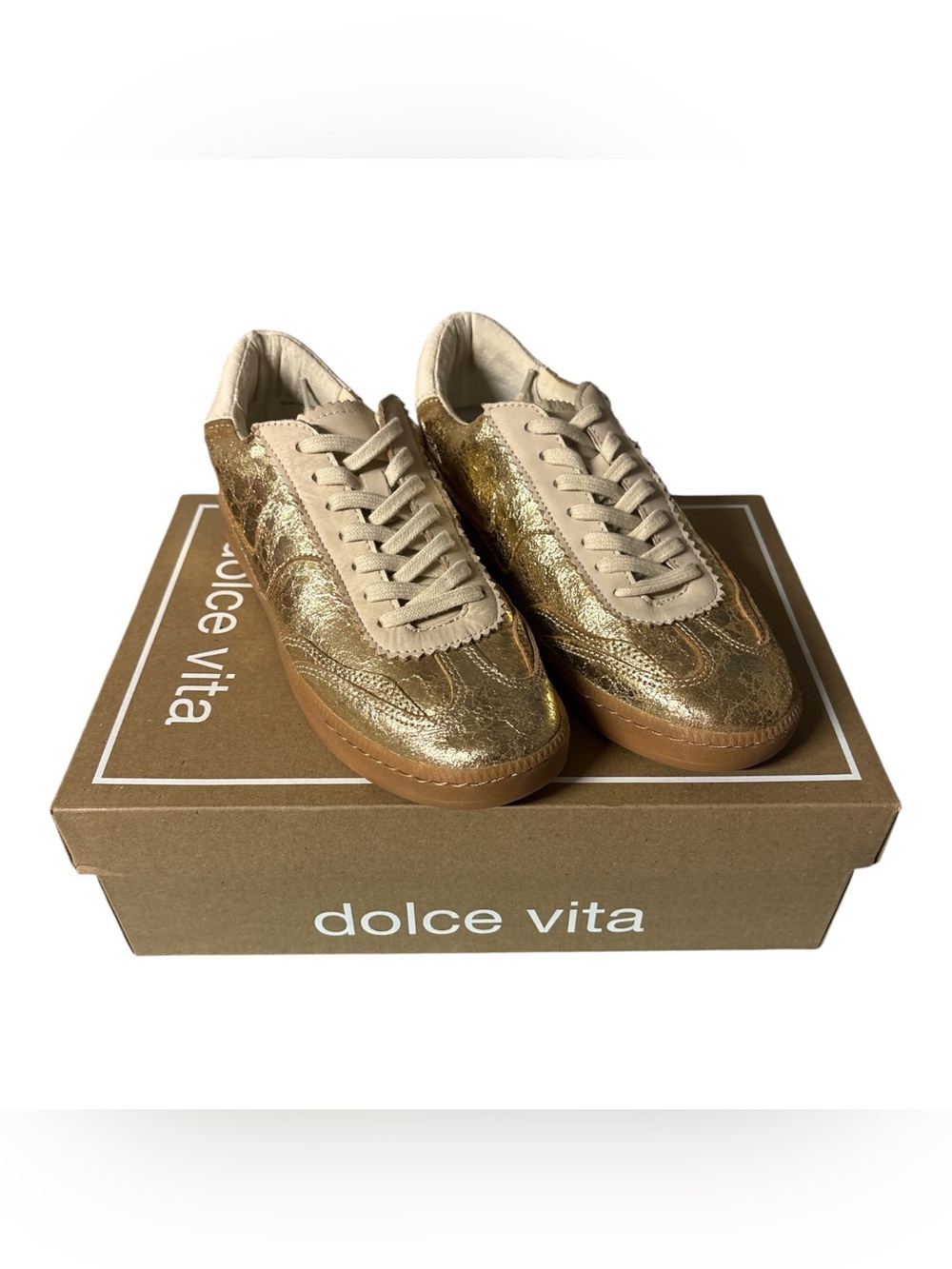 Dolce Vita Notice Women’s Gold Distressed Sneakers.